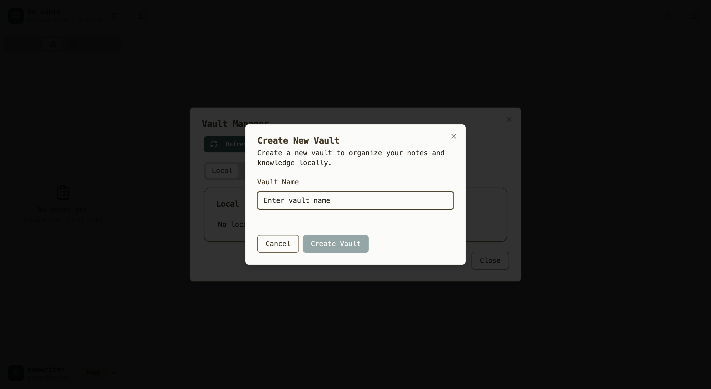 Create vault dialog