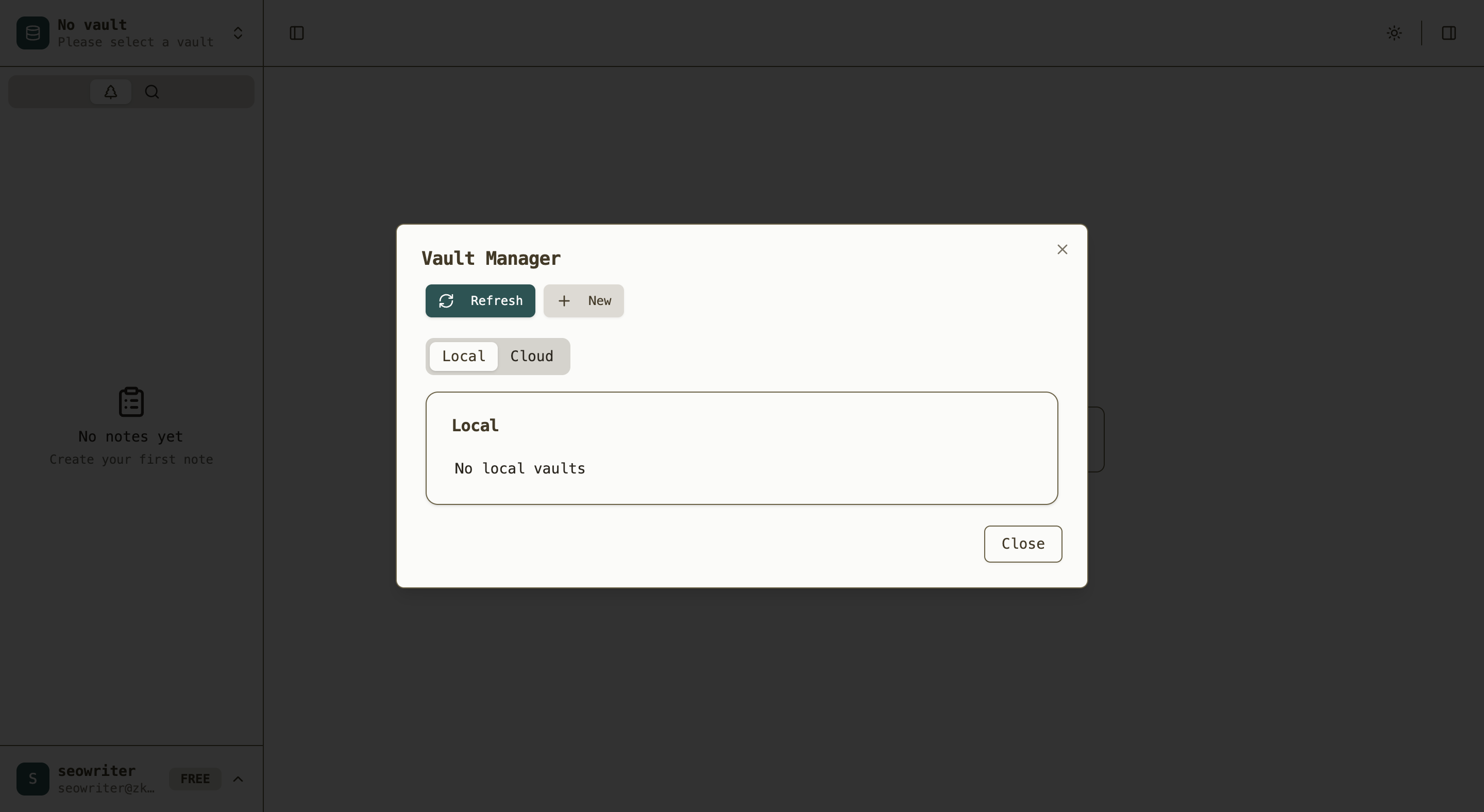 Vault Manager dialog